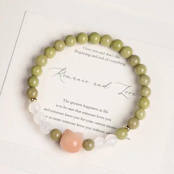 Bracelet porte-bonheur en bois de santal vert naturel et agate d'Alashan