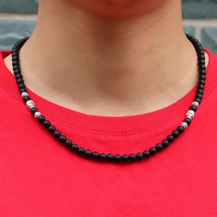 Collier de crâne homme en pierre naturelle 6mm avec chaîne corde pour hommes, bijou de style vendange, cadeau audacieux pour occasions spéciales